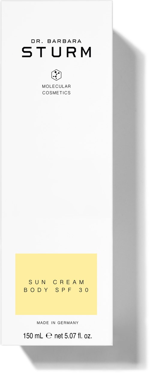 En vit förpackning med svart text för Dr. Barbara Sturm solkräm, SPF 30, tillverkad i Tyskland, 150 mL.