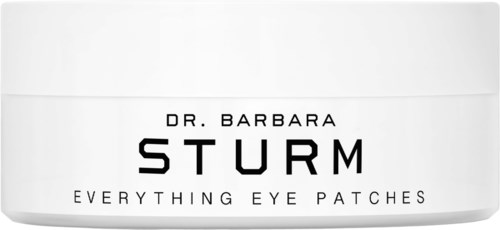 Valkoinen purkki, jossa musta teksti, sisältää Dr. Barbara Sturmin silmäpatchit. Tyylikäs ja selkeä suunnittelu.
