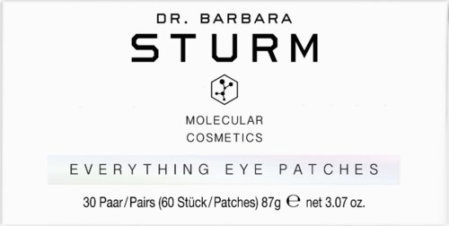 Logo Dr. Barbara Sturm, molekulaaristen kosmetiikkatuotteiden merkki, teksti silmätapeista, 30 paria, 87 grammaa.