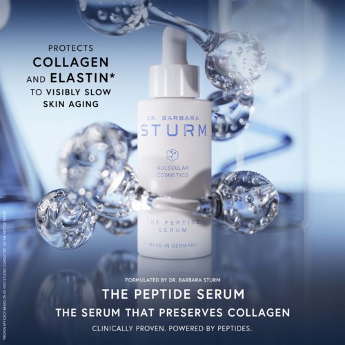 Butelka serum do pielęgnacji skóry z kroplami wody i cząsteczkami, wspiera kolagen i starzenie się skóry.