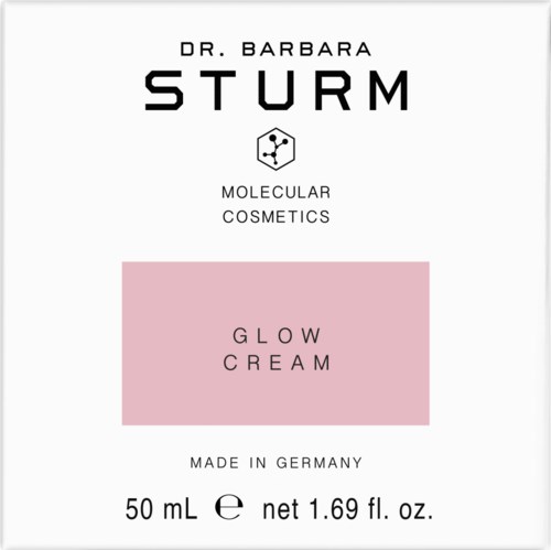 En kosmetisk produkt som heter Glow Cream av Dr. Barbara Sturm, tillverkad i Tyskland, med 50 mL storlek och enkel etikett.