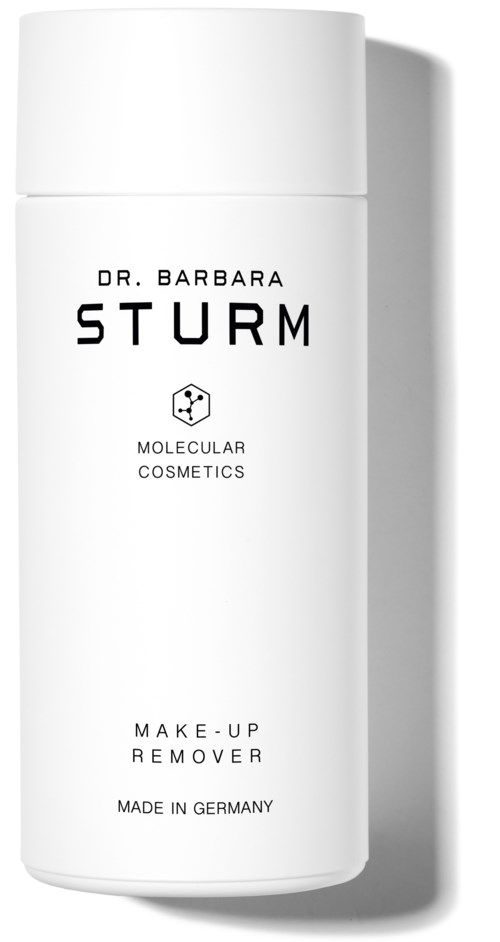 En vit flaska märkt 'Dr. Barbara Sturm' med svart text, som visar en makeup remover från Molecular Cosmetics.