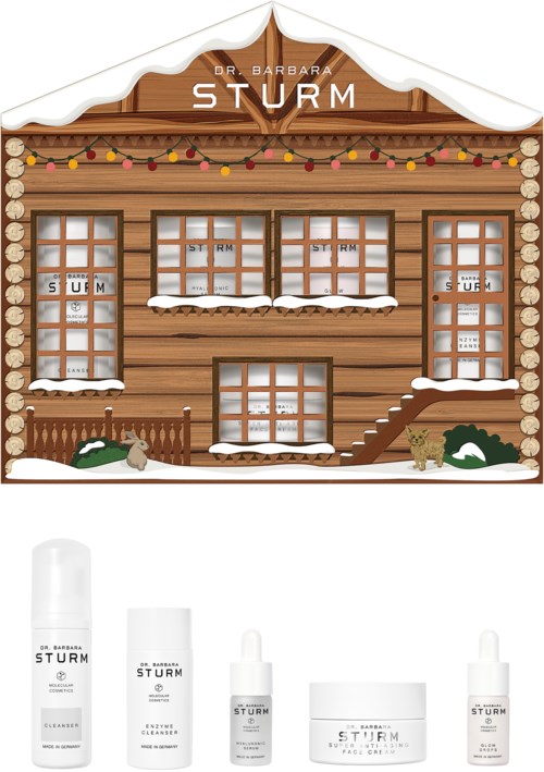 Illustration of a cozy wooden house with snow, decorated with lights and plants, labeled 'Dr. Barbara Sturm'.