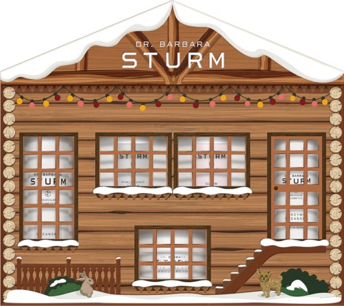 Illustration of a wooden house decorated with Christmas lights and snow, with rabbits and a small dog outside.