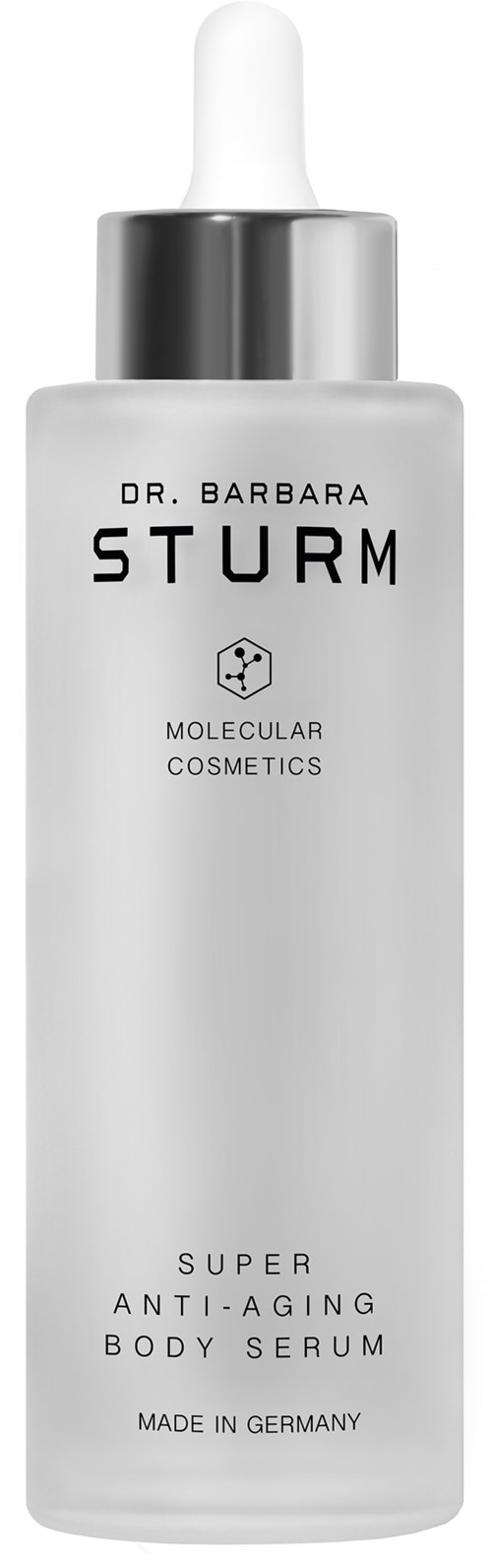 En flaska med Dr. Barbara Sturms anti-aging kroppserum med dropplikon.