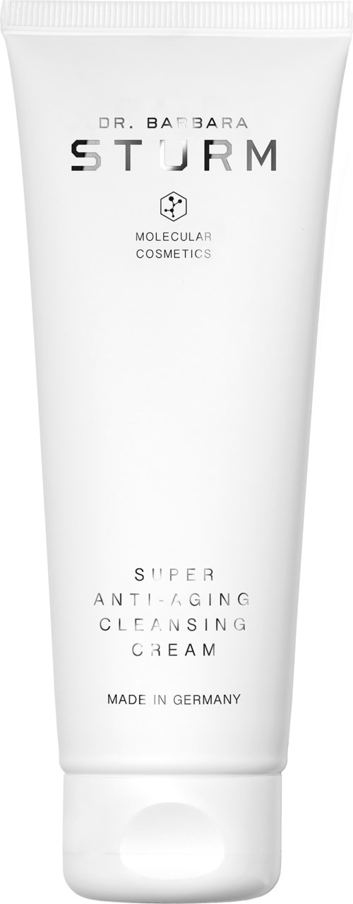 En vit tub märkt 'Dr. Barbara Sturmm Molecular Cosmetics S.iper Anti-Aging Cleansing Cream' från Tyskland.