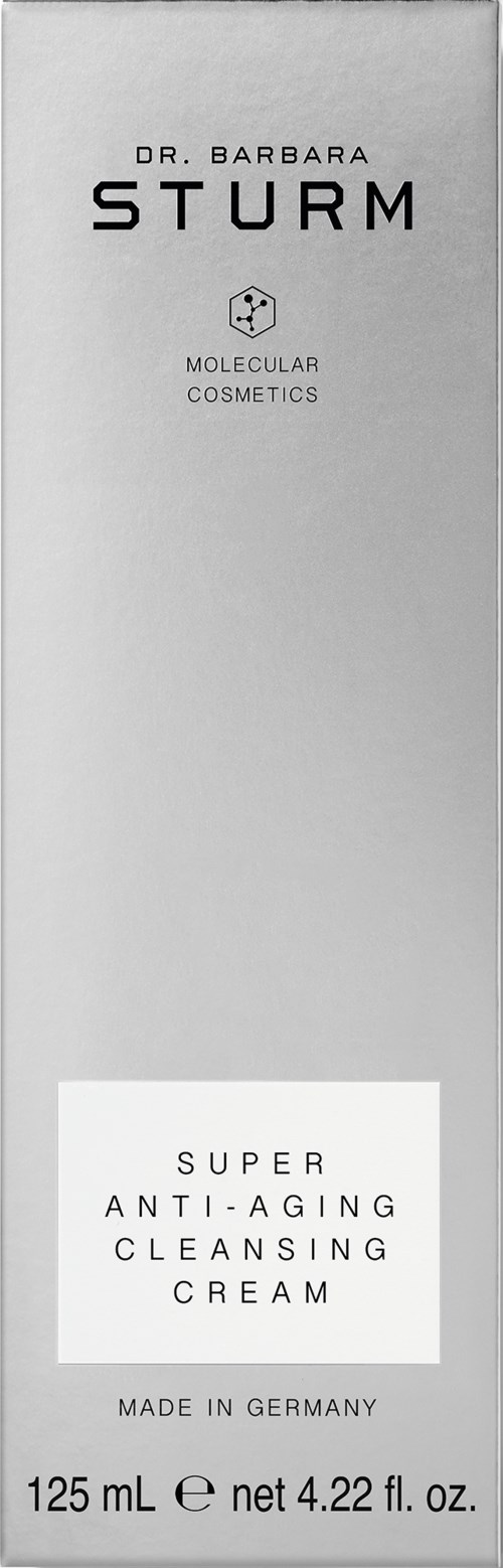 En vertikal låda med text: "Dr. Barbara Sturm, Molecular Cosmetics, Super Anti-Aging Cleansing Cream, Made in Germany."