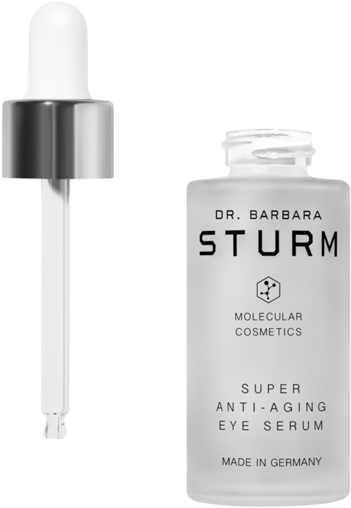 En klar flaska med ögonserum med pipett, märkt "Dr. Barbara Sturm" och "Super Anti-Aging Eye Serum."