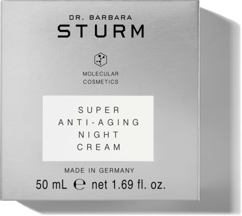 En låda med Dr. Barbara Sturm super anti-aging nattkräm, tillverkad i Tyskland, 50 mL, med enkel svartvit design.