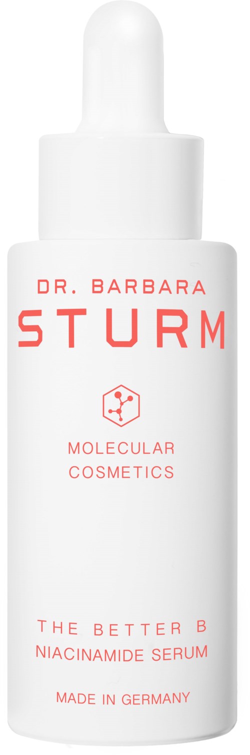 En vit flaska med dropplik, märkt 'Dr. Barbara Sturm,' 'Molekylära kosmetika,' och 'Niacinamide Serum.'
