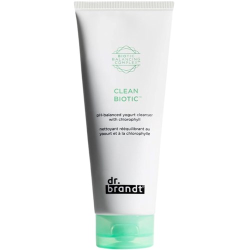 A white tube with green cap, labeled 'Clean Biotic' and 'Dr. Brandt', for a yogurt-based facial cleanser with chlorophyll.