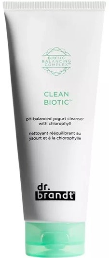 A white tube with a green cap, labeled 'Clean Biotic' by Dr. Brandt, for cleaning yogurt skin with chlorophyll.