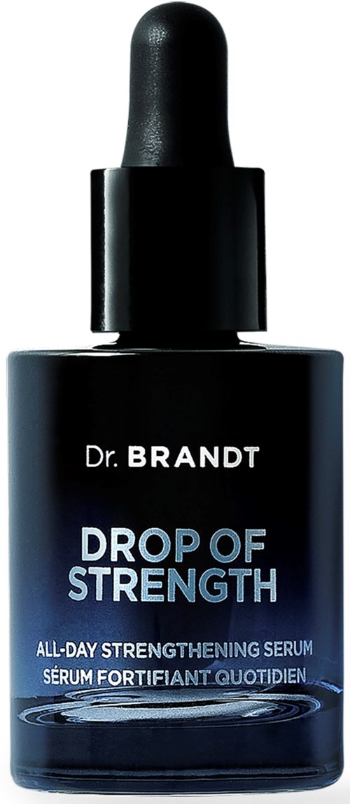 En mörkblå serumflaska med dropptopp, märkt 'Drop of Strength' av Dr. Brandt, för helldagsanvändning.