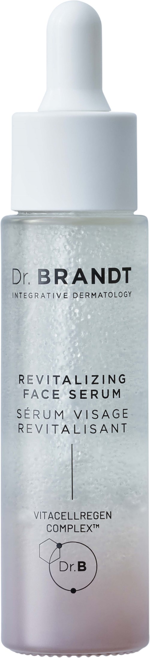 Läpinäkyvä lasipullo tipputulpalla, etikettinä Dr. Brandt Revitalizing Face Serum ihonhoitoon.
