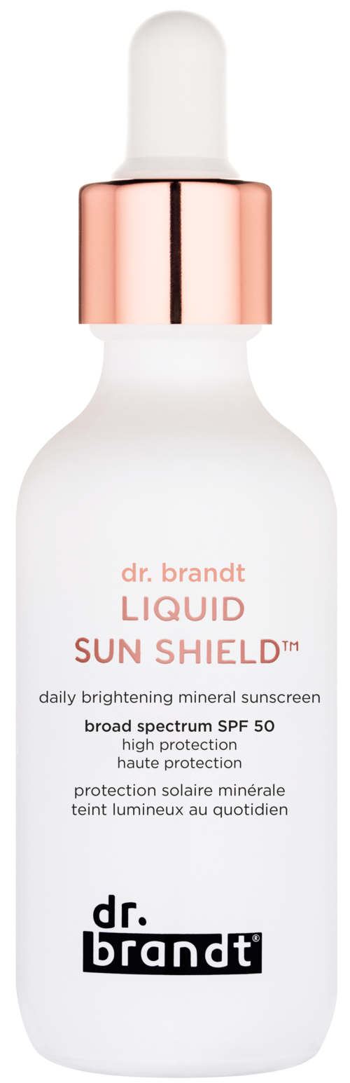 En hvid flaske med dråbetætning, mærket 'dr. brandt LIQUID SUN SHIELD' for høj beskyttelse solcreme.