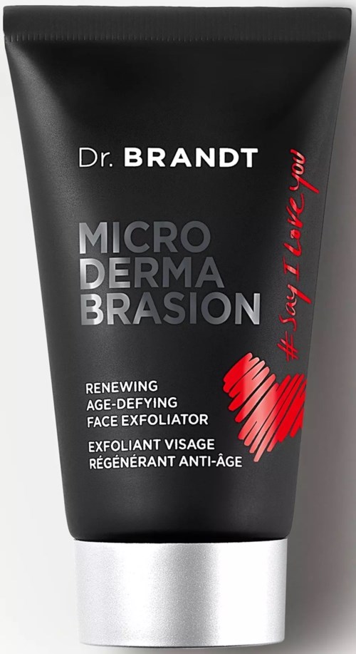Svart tub med vit och röd text, marknadsför anti-age ansiktsskruttdsdk från Dr. Brandt, med en röd hjärt grafik.