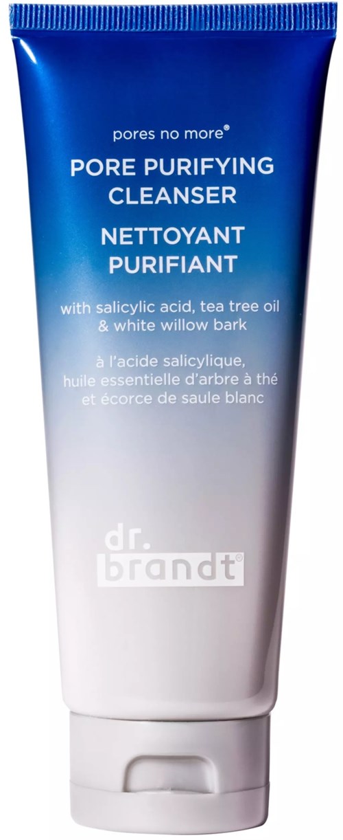 En tube med ansiktsrens med blå til hvit gradient, merket "Pore Purifying Cleanser" av Dr. Brandt, inneholder naturlige ingredienser.