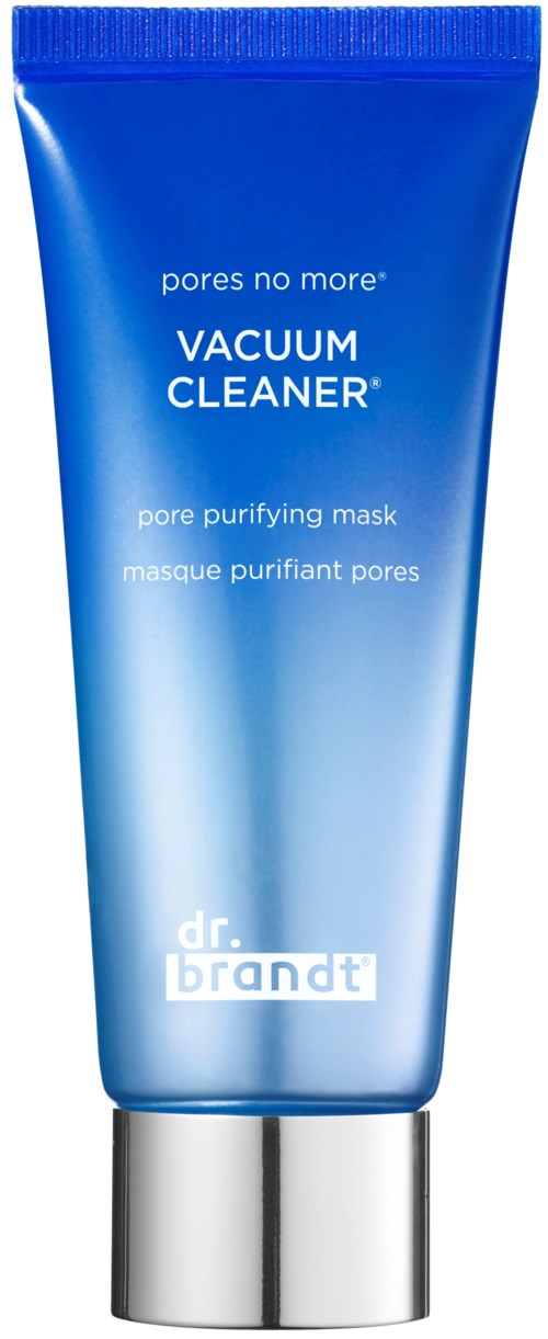 Een blauwe tube met 'vacuum cleaner' erop en een zilveren dop, bedoeld voor pore zuiverende masker door Dr. Brandt.