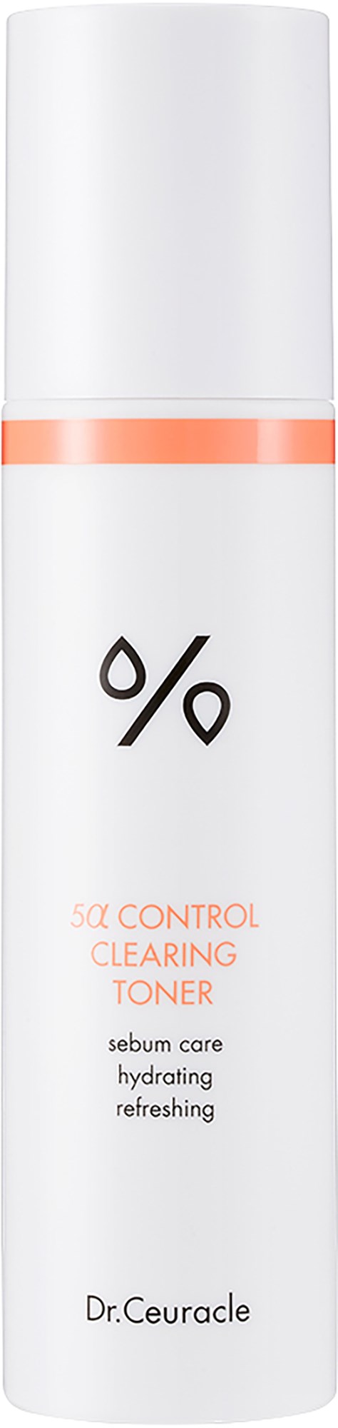Eine weiße Flasche mit einem peachfarbenen Strich, schwarzem und orangefarbenem Text, und einem einfachen Logo. Es ist ein Gesichtswasser zum Reinigen und Hydratisieren.