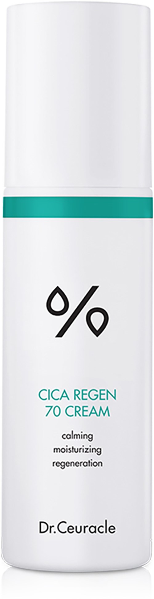 En vit flaska med en blågrön band och en dropp- och procentsymbol, märkt 'CICA REGEN 70 CREAM' av Dr.Ceuracle.