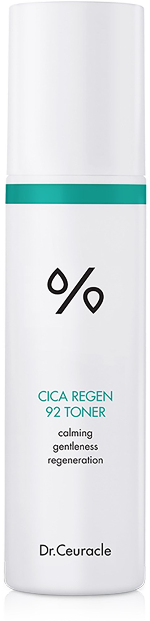 En hvit flaske med en blågrønn stripe, merket som CICA REGEN 92 toner, for beroligende og regenererende hud.