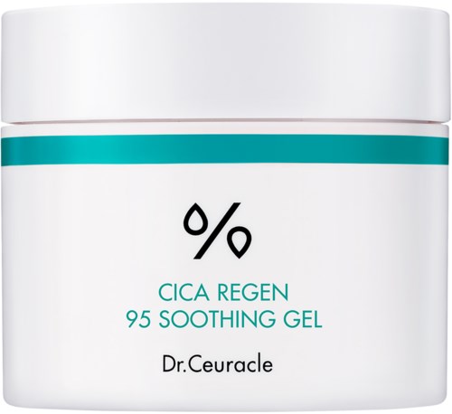 En vit burk med teal och svart text, märkt Cica Regen 95 Soothing Gel av Dr. Ceuracle.