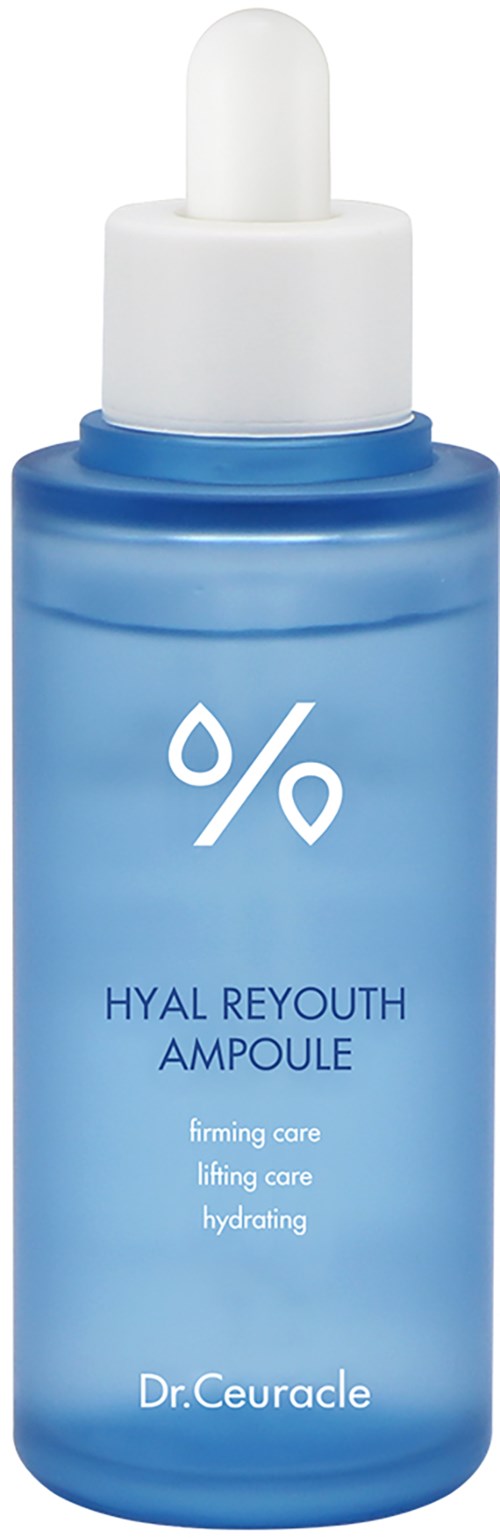 Blauartige Hautpflegeampulle mit weißem Tropfensymbol und Produktname, enthält Hyaluronsäure-Serum.