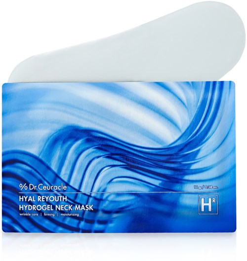 Hydrogel-neckmask med blå och vit spiral design; Dr. Ceuracle-märkning; för rynkbehandling, fasthet och återfuktning.