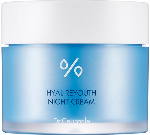 En blå burk märkt 'Hyal Reyouth Night Cream' av Dr. Ceuracle med ett vitt lock.