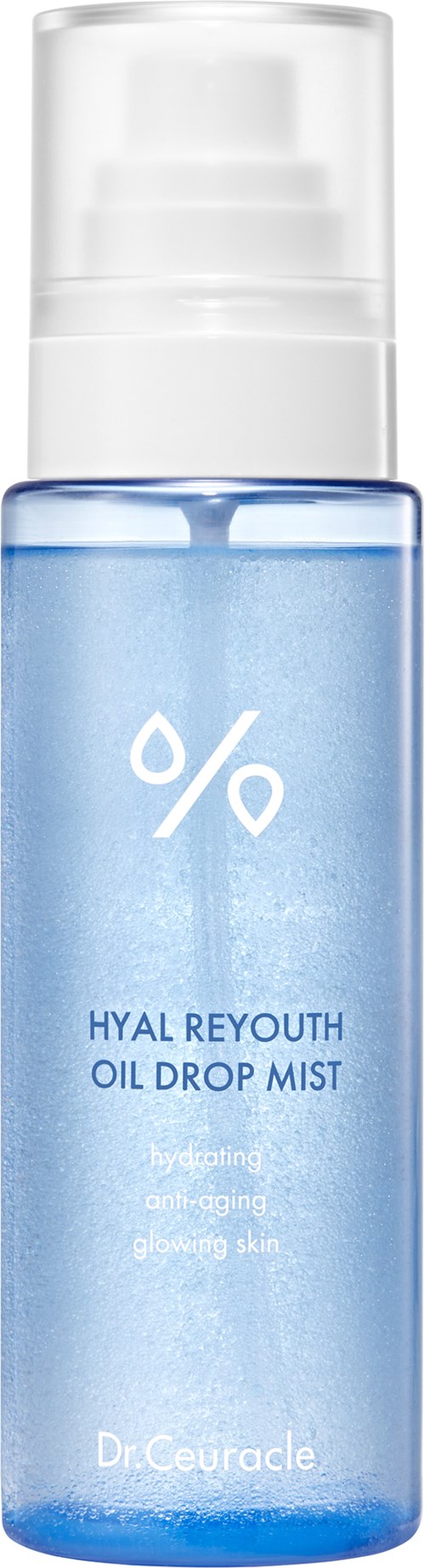 Eine blaue Sprühflasche mit Beschriftung Hyal Reyouth Oil Drop Mist, zum Feuchtigkeits geben und Haut erfrischen.