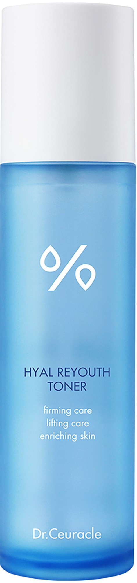 En blå ansiktsvattenflaska med vitt lock, märkt Hyal Reyouth Toner, för att strama åt, lyfta och ge näring till huden.