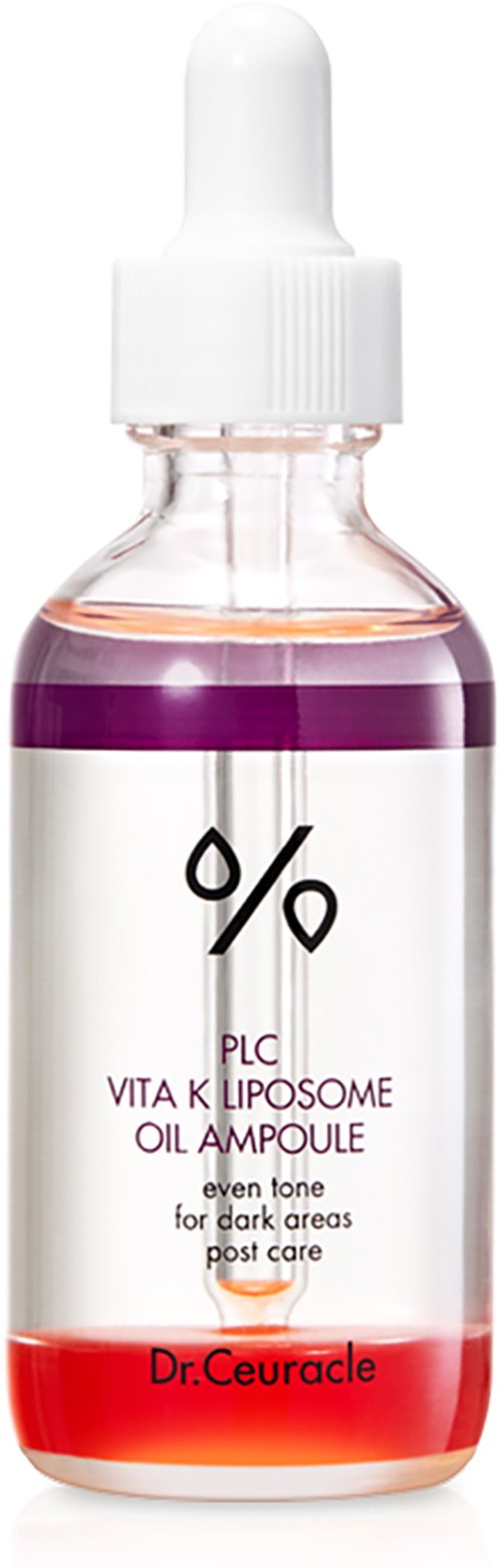 En klar flaske med lilla væske, en hvit dråpetetning, og en etikett som nevner vitamin K liposomolje for mørke områder.
