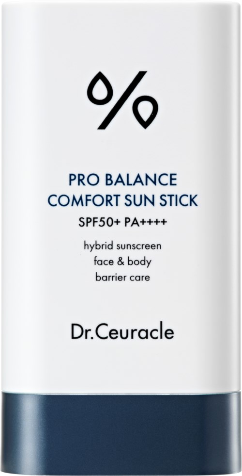 En hvit solkremstift med blå og svarte bånd, viser SPF50+ og PA++++. Den er for ansikt og kropp.