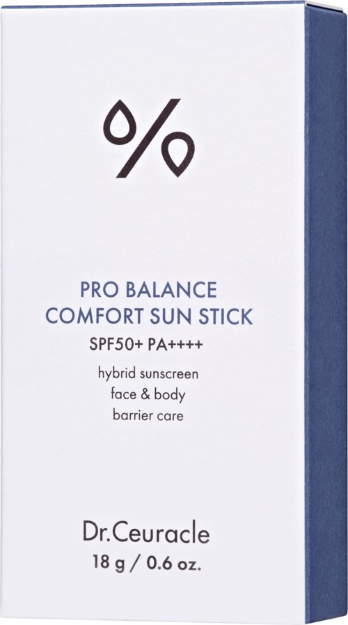 En hvit og blå eske med prosenttegn, beskriver solkrem for ansikt og kropp, SPF 50, vannavstøtende.