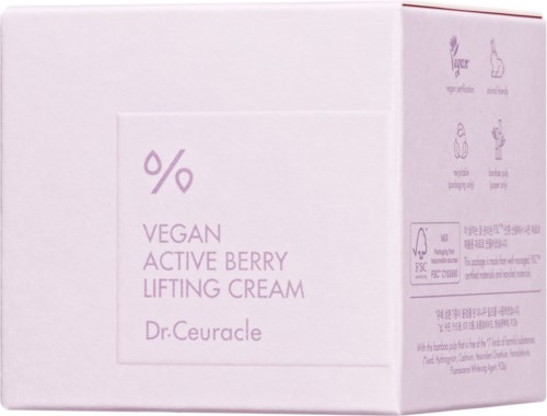 Eine weiße Box von Dr. Ceuracle mit veganer Beeren-Lifting-Creme, Text und Symbole in Lila.