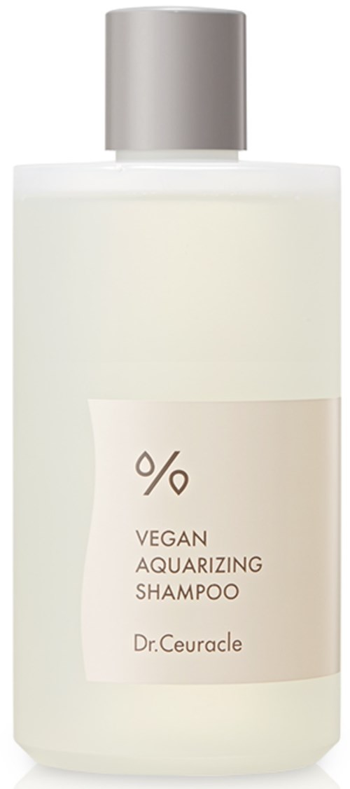 En vit flaska med silverhatt visar vegan aquarizing schampo av Dr. Ceuracle.