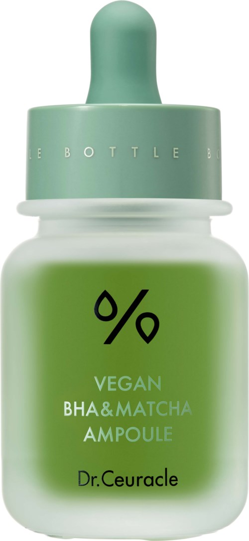 Kleine weiße Flasche mit grünem Tropferdeckel, beschriftet 'Dr.Ceuracle.' Enthält vegane BHA und Matcha-Ampulle.