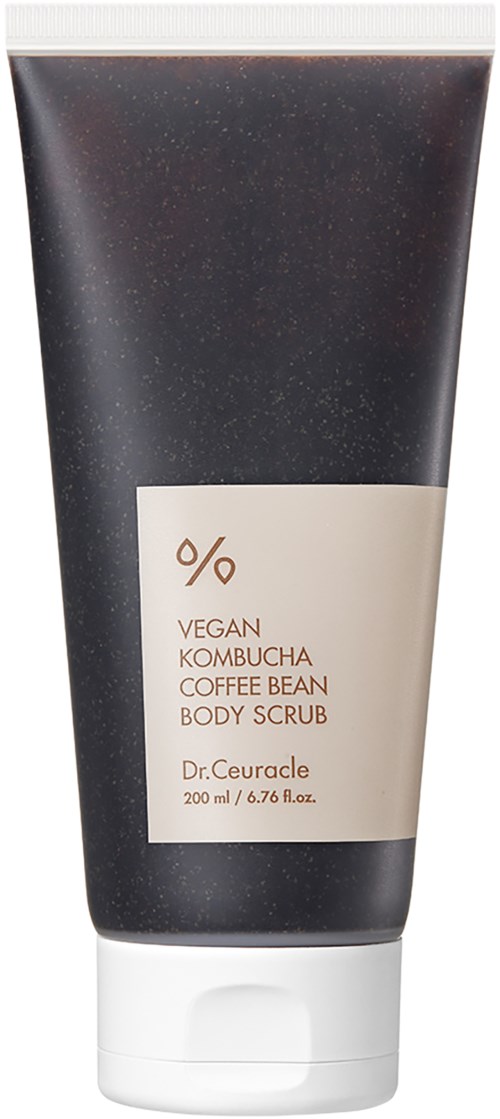 En svart tube med hvit etikett, merket som vegansk kombucha kaffebønne kroppsskrubb av Dr. Ceuracle, 200 ml.