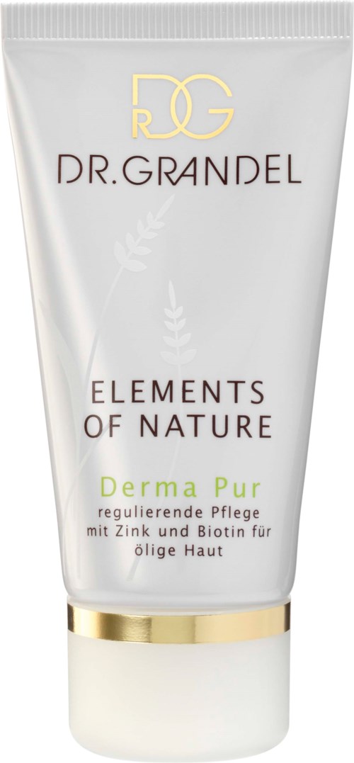 En hvit tube med hudpleiekräm med gullfargede detaljer, merket 'Dr. Grandel' og 'Elements of Nature Derma Pur.'