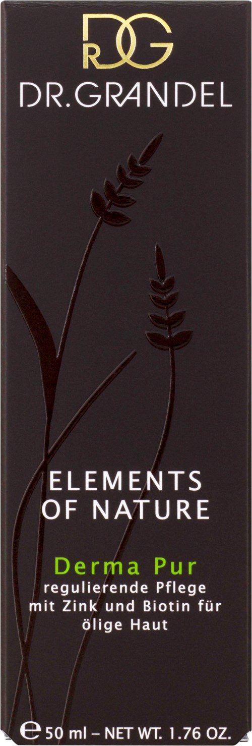 En svart boks med plantegning og gulllogo, inneholder Dr. Grandel Elements of Nature Derma Pur hudpleie.