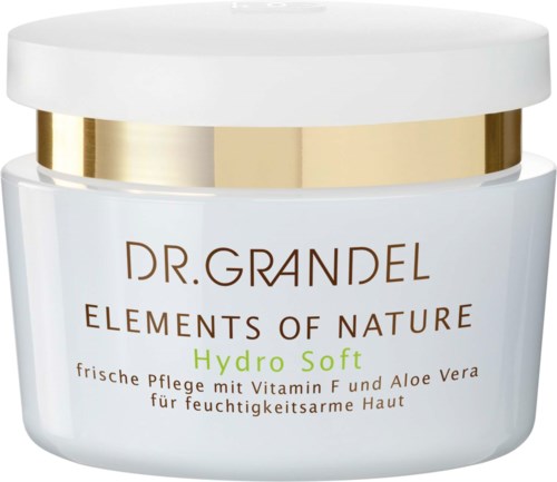 En vit burk med gyllene band, märkt Dr. Grandel Elements of Nature Hydro Soft. Det är en hudvårdsprodukt.