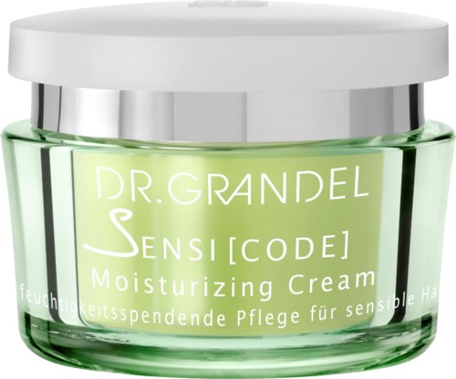 Ett glasburk med vit lock som innehåller Dr. Grandel Sensicode fuktgivande kräm för känsligt hår.