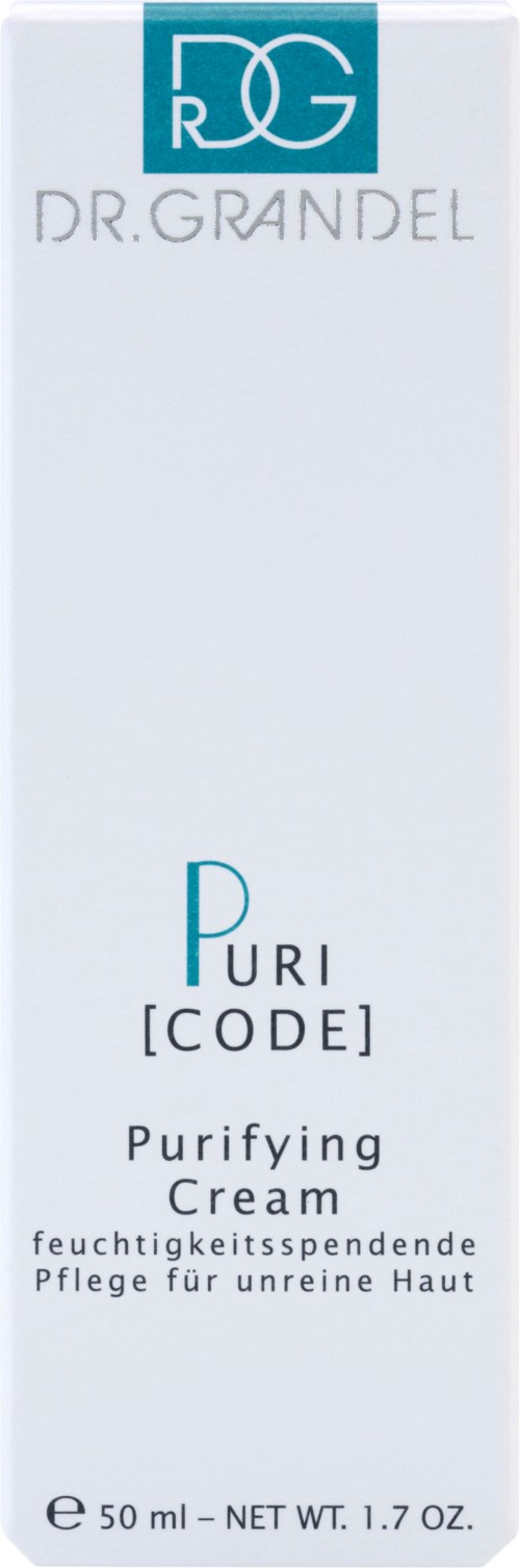 En vit förpackning med blå logo och text, visar en rengörande kräm för huden. Den har varumärket Dr. Grandel och produktdetaljer.