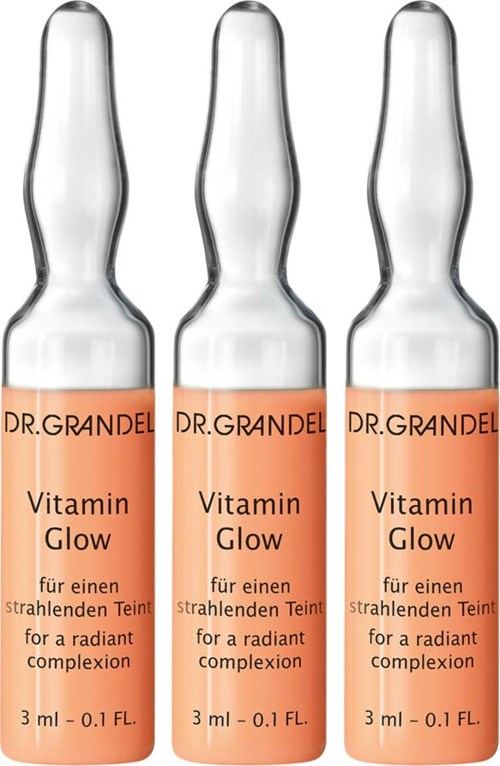 Tre små flaskor märkta 'Vitamin Glow' från Dr. Grande, för strålande hud, varje 3 ml.