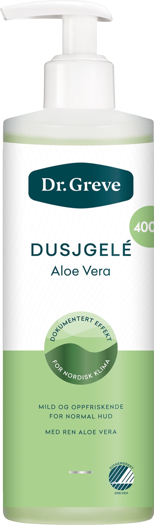 En hvid og grøn flaske med pumpe, mærket 'Dr. Greve Aloe Vera' til hudens rensning.