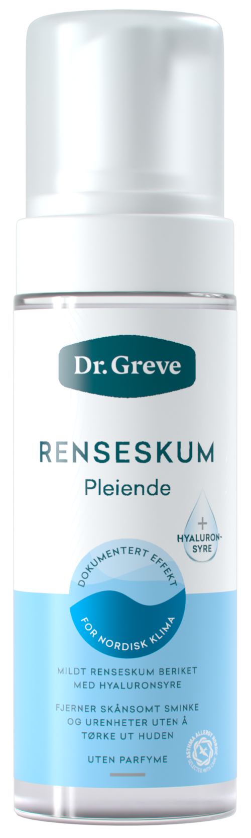 En hvid flaske med et mærke, der viser mærket Dr. Greve og produktet Renseskum, en renseskum med hyaluronsyre.