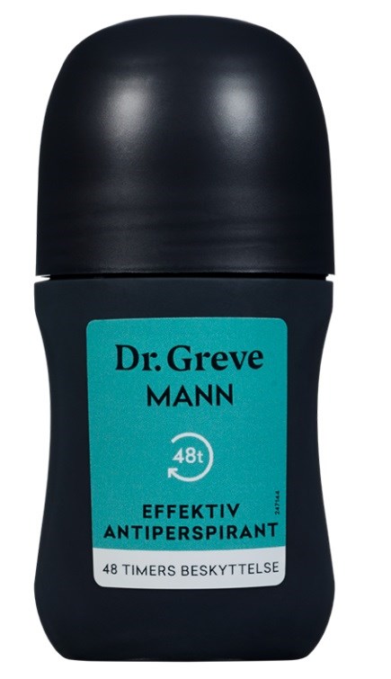 Een teal en zwart roller deodorant flesje met label 'Dr. Greve MANN' voor 48 uur bescherming.