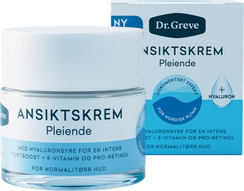 En ansiktskräm i burk och förpackning med blå och vit design, märkt på danska med ingredienser inklusive hyaluronsyra.