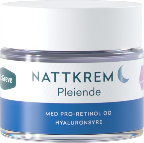 Een huidverzorgingspotje met 'Nattkrem Pleiende' met retinol en hyaluronzuur, blauw en wit.
