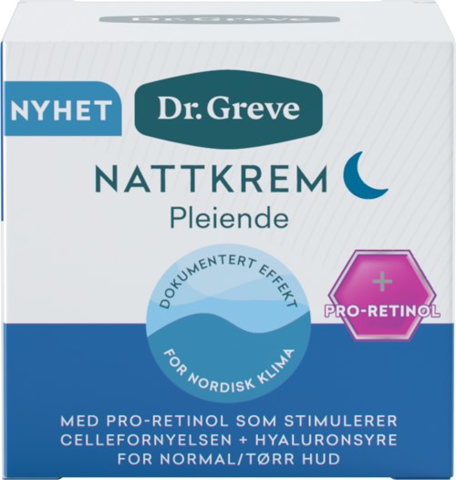 Een doos nachtcrème voor droge huid met retinol en hyaluronzuur, geschikt voor Noordse klimaat.